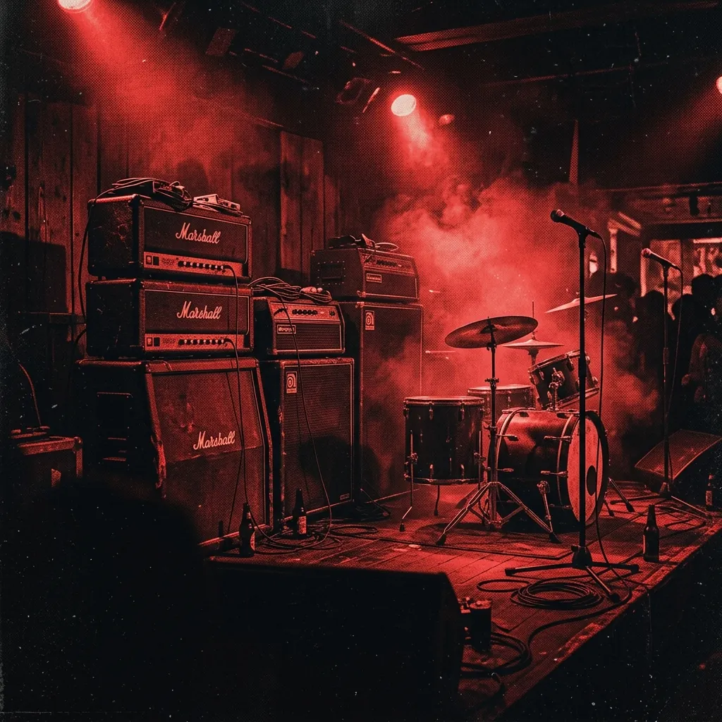 ilustración tributo de un escenario de club pequeño con amplificadores apilados y una batería minimalista bajo luz roja y humo de escenario, atmósfera CBGB punk rock años 70, paleta rojo y negro, sin rostros ni logos