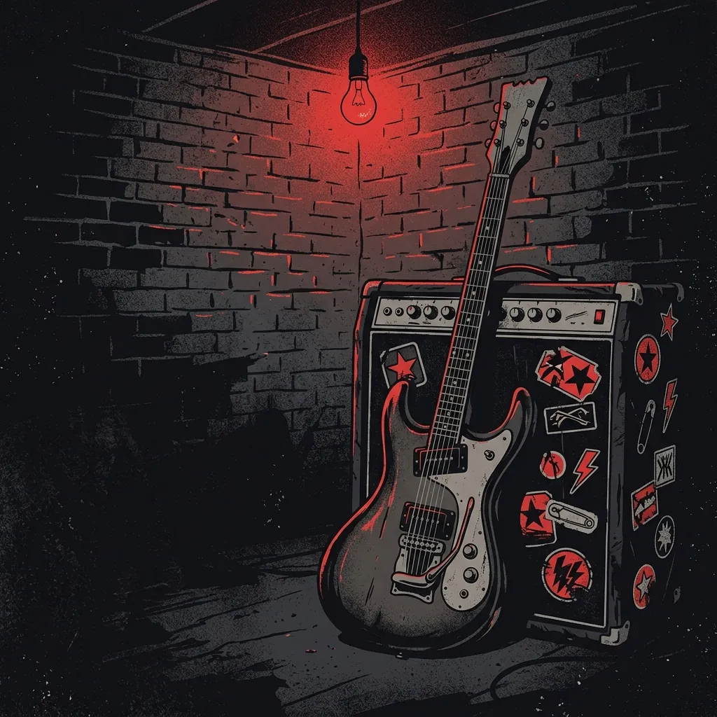 ilustración tributo de una guitarra Mosrite vintage apoyada sobre un amplificador con stickers punk en un sótano de ensayo con paredes de ladrillo bajo una sola bombilla roja, atmósfera punk rock neoyorquino años 70, paleta rojo y negro, sin texto ni logotipos