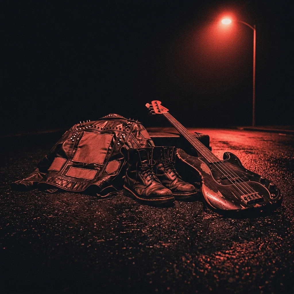 ilustración tributo de una calle nocturna del East Bay californiano con grafiti punk, una guitarra y un bajo apoyados en una pared de ladrillo, atmósfera urbana y cruda, paleta rojo y negro, sin rostros reconocibles ni logos