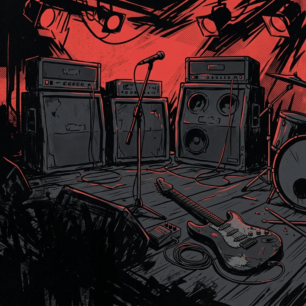 ilustración tributo de un escenario punk al aire libre con amplificadores al fondo y siluetas de público con el puño en alto, atmósfera eléctrica y frenética, paleta rojo y negro, sin rostros ni logos