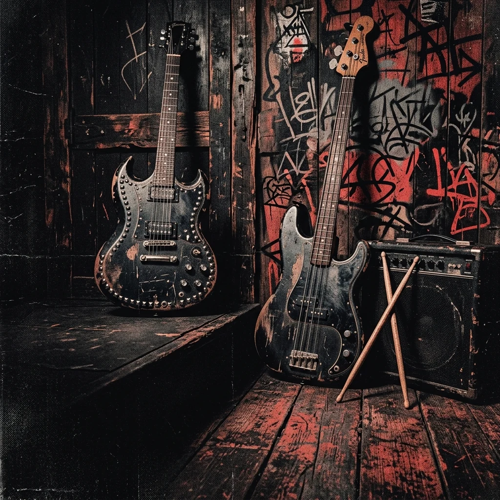 ilustración tributo de una guitarra eléctrica con tachuelas metálicas, un bajo Fender y baquetas cruzadas sobre un fondo de tablones de madera con grafiti punk, paleta rojo y negro, sin texto ni logotipos