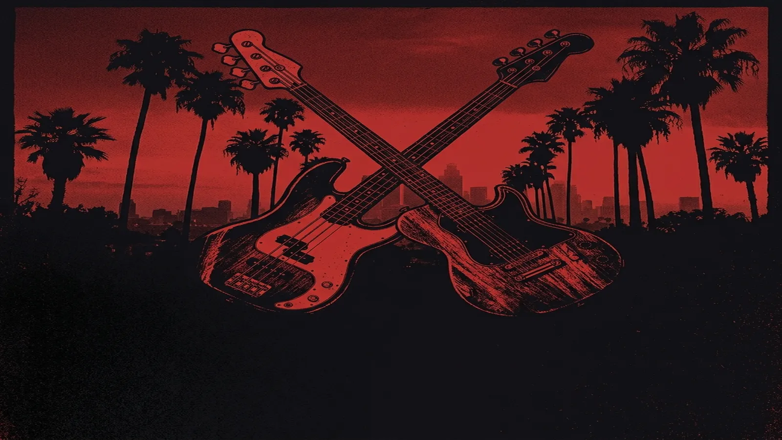ilustración tributo de un bajo eléctrico y una guitarra cruzados sobre un fondo de palmeras californianas en silueta bajo un cielo rojo oscuro, estética funk-rock Los Ángeles años 80 y 90, sin rostros reconocibles ni logos
