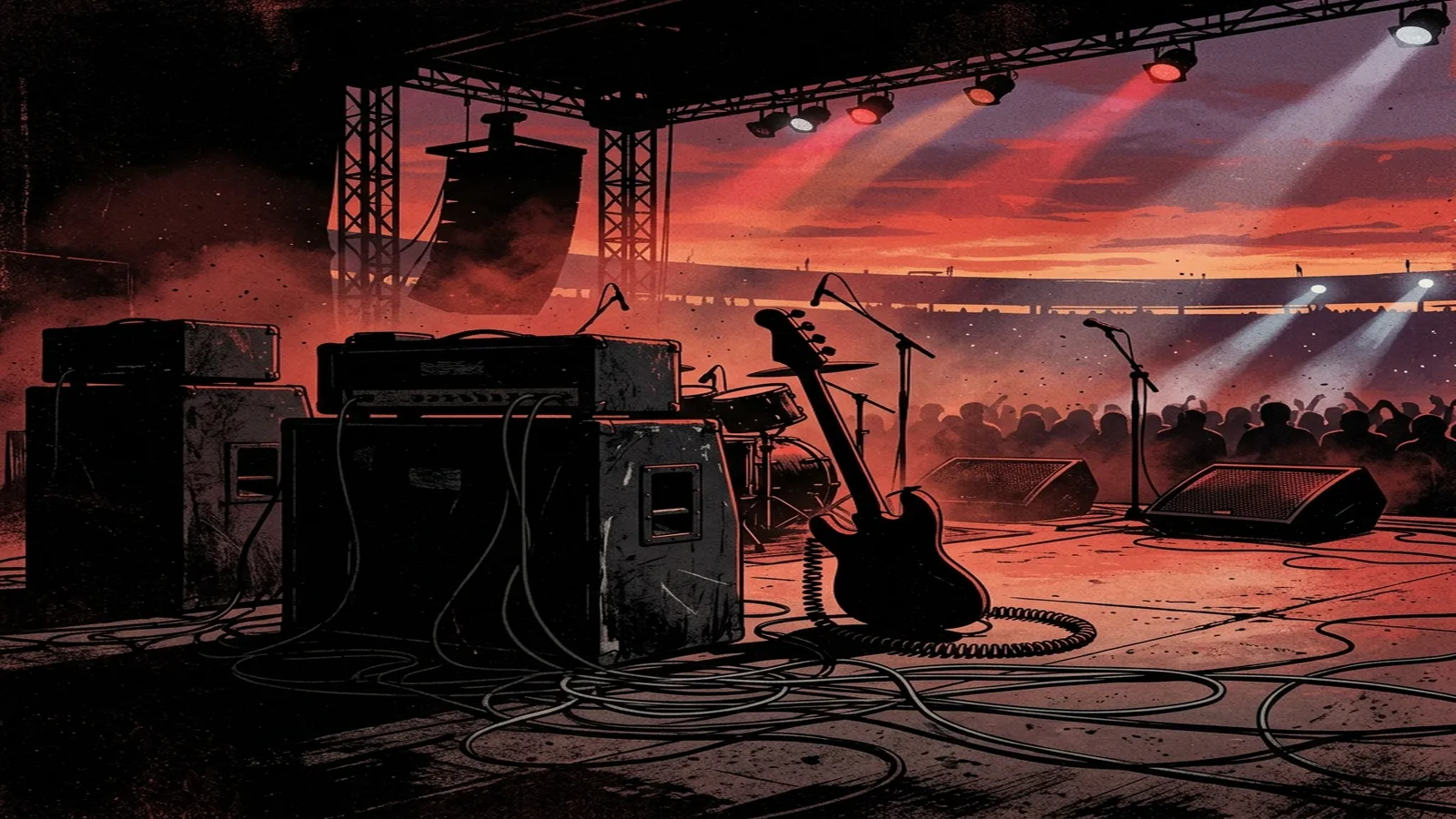 ilustración tributo de un escenario de estadio al atardecer con luces de concierto en rojo y negro, siluetas de instrumentos eléctricos y cables de bajo en primer plano, atmósfera rock californiano años 90-2000, sin rostros ni logos