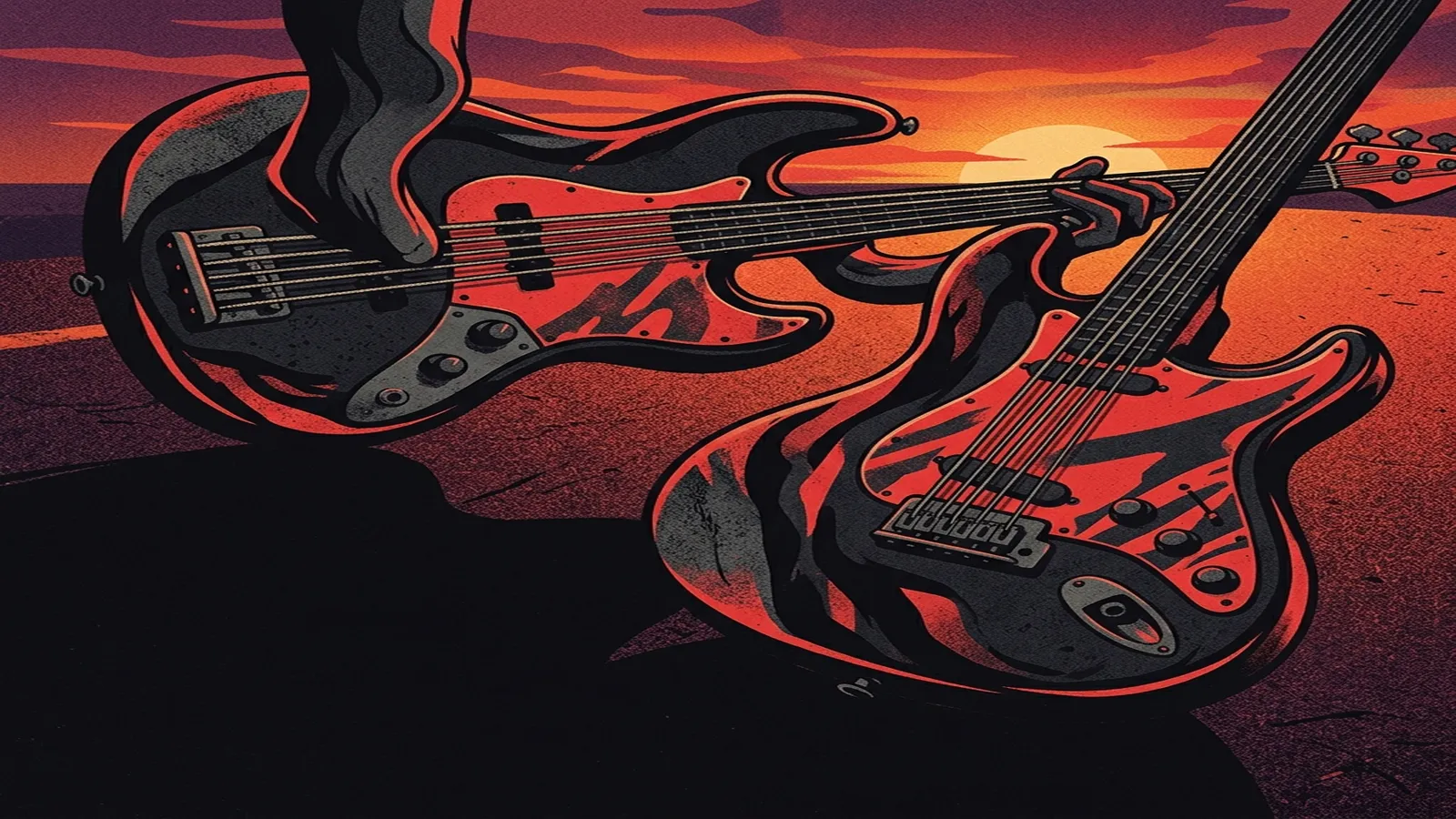 ilustración tributo de un bajo slap y una guitarra eléctrica entrelazados sobre un fondo de asfalto caliente y cielo californiano al atardecer, paleta rojo y negro, atmósfera funk-rock urbano, sin texto ni logotipos