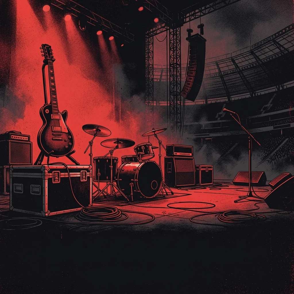 ilustración tributo de una guitarra eléctrica y una batería en un escenario de estadio bañado en luces rojas y negras, atmósfera épica y potente, sin rostros reconocibles ni logos