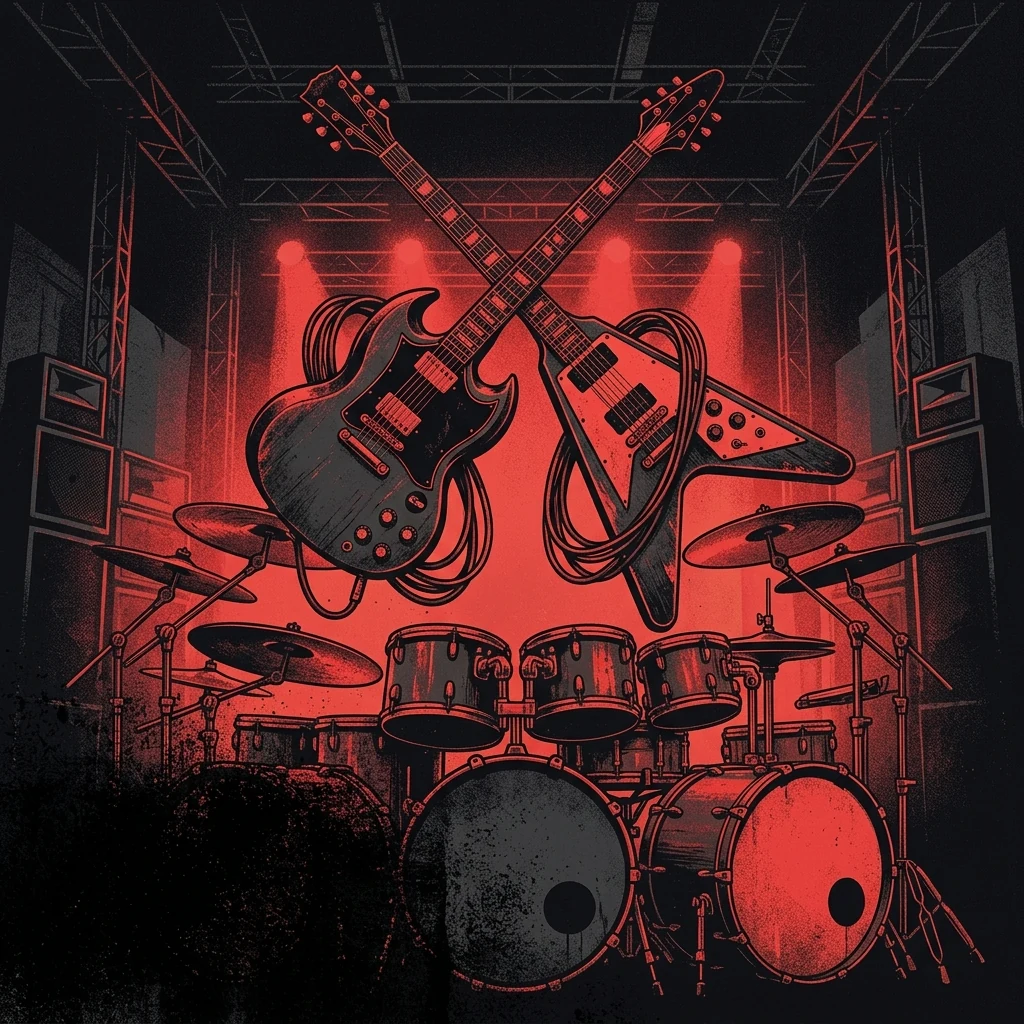 ilustración tributo de guitarras eléctricas cruzadas sobre una batería imponente, luz de estadio en rojo y negro, composición dramática y poderosa, sin rostros ni logos