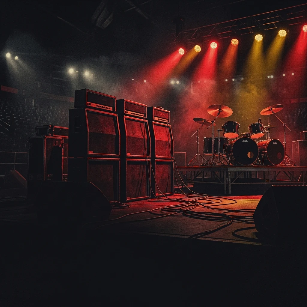 ilustración tributo de un escenario de arena con amplificadores y focos de colores rojo y negro, estética de hard rock americano de estadio, sin texto ni logotipos