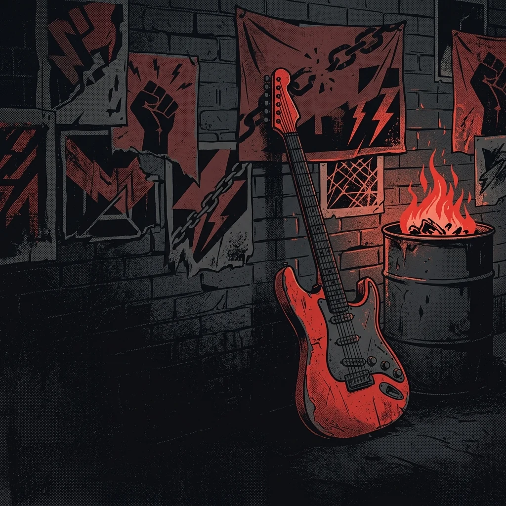 ilustración tributo de una guitarra eléctrica roja sobre fondo negro urbano con pancartas de resistencia y llamas contenidas, atmósfera de punk callejero y urgencia política, paleta rojo y negro, sin rostros reconocibles ni logos