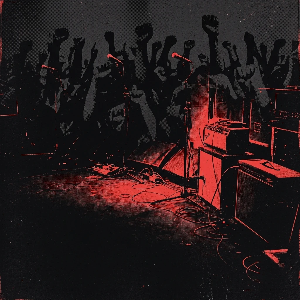 ilustración tributo de micrófonos y amplificadores en un escenario oscuro bañado en luz roja, siluetas de instrumentos eléctricos y sombras de puños en alto, atmósfera de concierto punk multitudinario, paleta rojo y negro, sin rostros ni logos