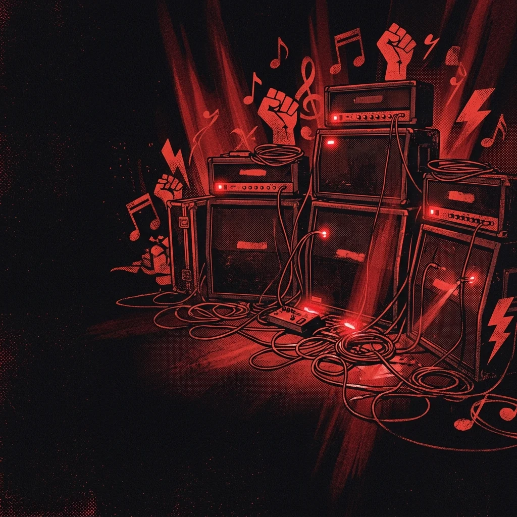 ilustración tributo de un collage de amplificadores encendidos, cables enredados, notas musicales y símbolos de resistencia sobre fondo negro con destellos rojos, paleta rojo y negro intenso, sin texto legible ni logotipos reconocibles