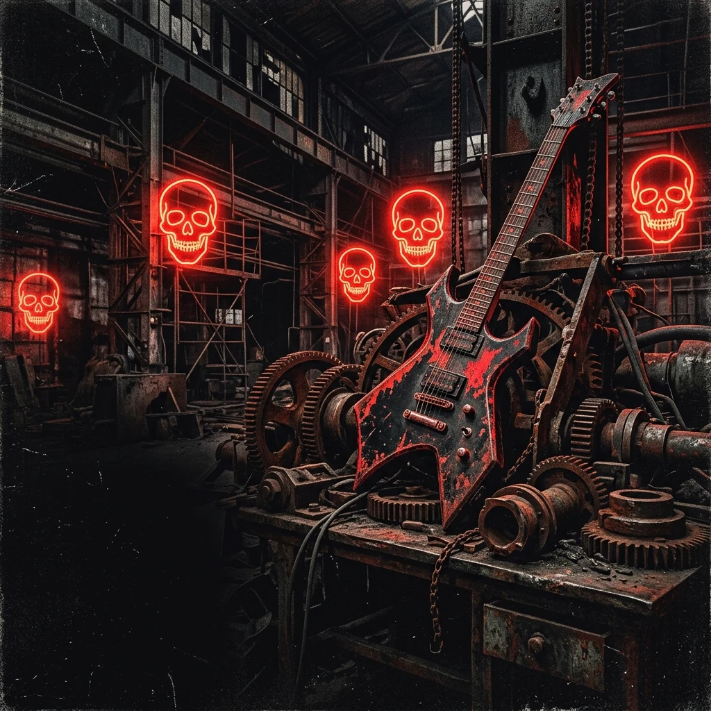 ilustración tributo de una guitarra eléctrica distorsionada entre engranajes oxidados y calaveras de neón rojo, andamios industriales en segundo plano, atmósfera de fábrica abandonada convertida en templo de horror, paleta rojo y negro, sin rostros reconocibles ni logos