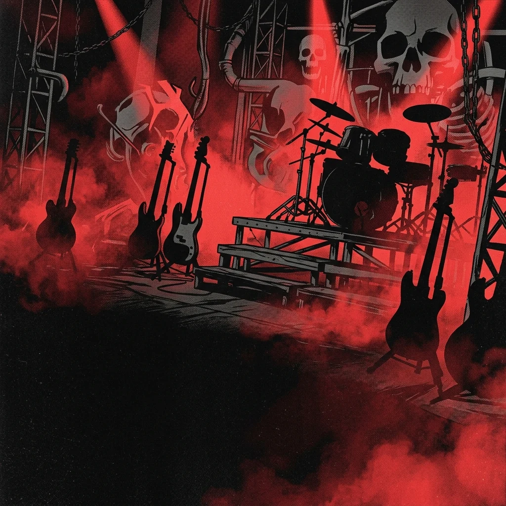 ilustración tributo de un escenario de concierto sumergido en niebla roja con focos estroboscópicos, siluetas de guitarras y baterías sobre tarimas metálicas, decorado con cráneos y tuberías, atmósfera de fábrica-circo de horror, paleta rojo y negro, sin rostros ni logos
