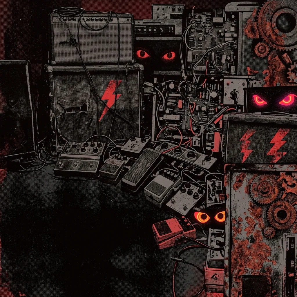ilustración tributo de un collage de amplificadores, pedales de efectos y circuitos electrónicos entrelazados con motivos de terror de serie B —ojos de neón, relámpagos rojos, engranajes oxidados—, composición asimétrica de estética industrial, paleta rojo y negro, sin texto ni logotipos