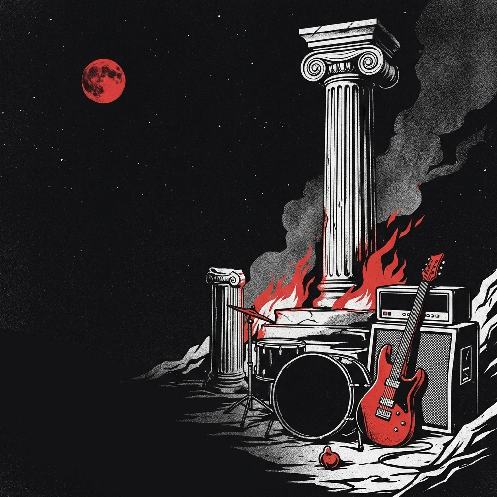 ilustración tributo de una columna de templo griego antiguo bajo un cielo nocturno con luna roja, humo oscuro y llamas en la base de la piedra, atmósfera de black metal helénico años 90, sin rostros reconocibles ni logos, paleta rojo y negro