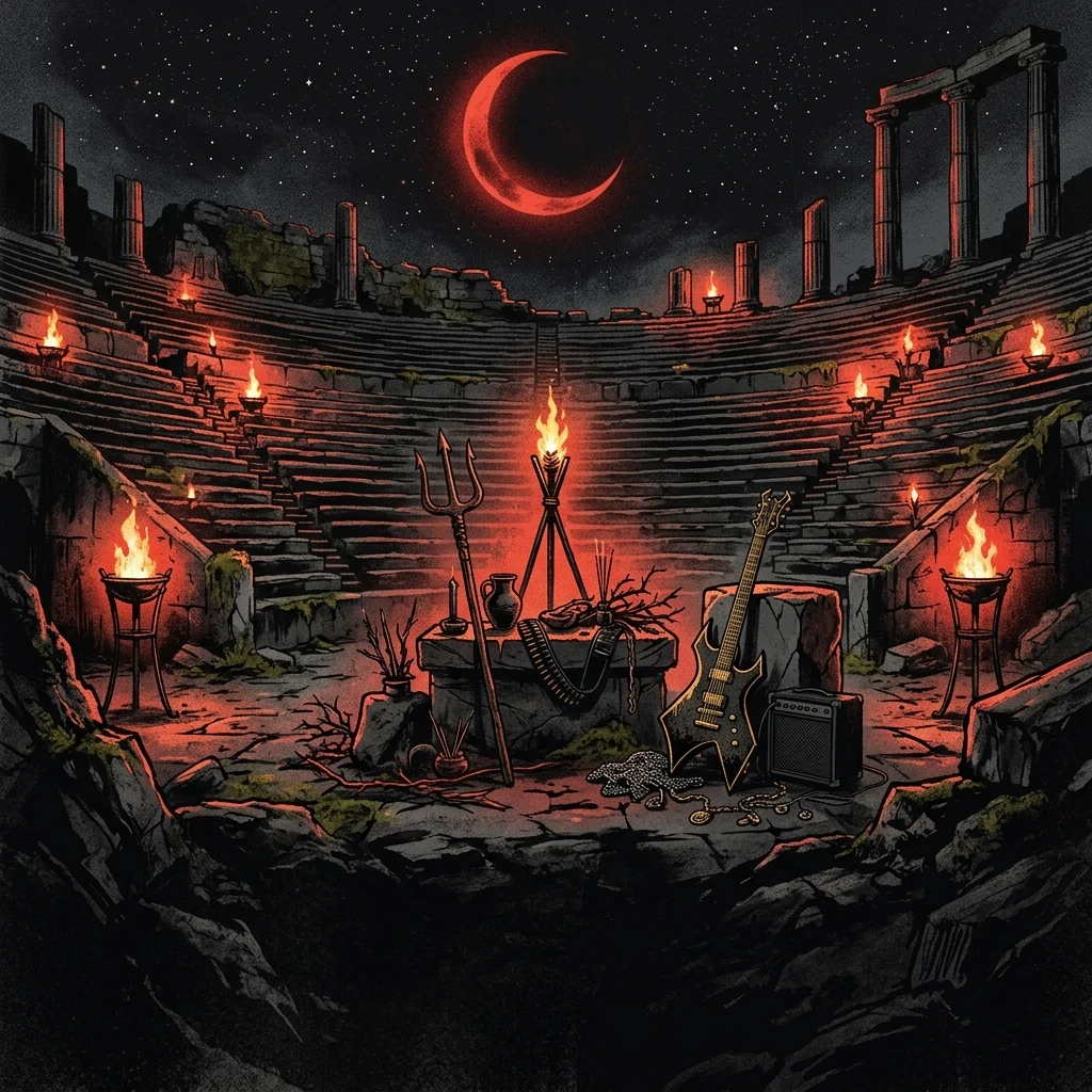ilustración tributo de un anfiteatro griego en ruinas iluminado por antorchas bajo un cielo estrellado con luna roja, atmósfera épica y ritual de black metal helénico, sin rostros ni logos, paleta rojo y negro con toques dorados