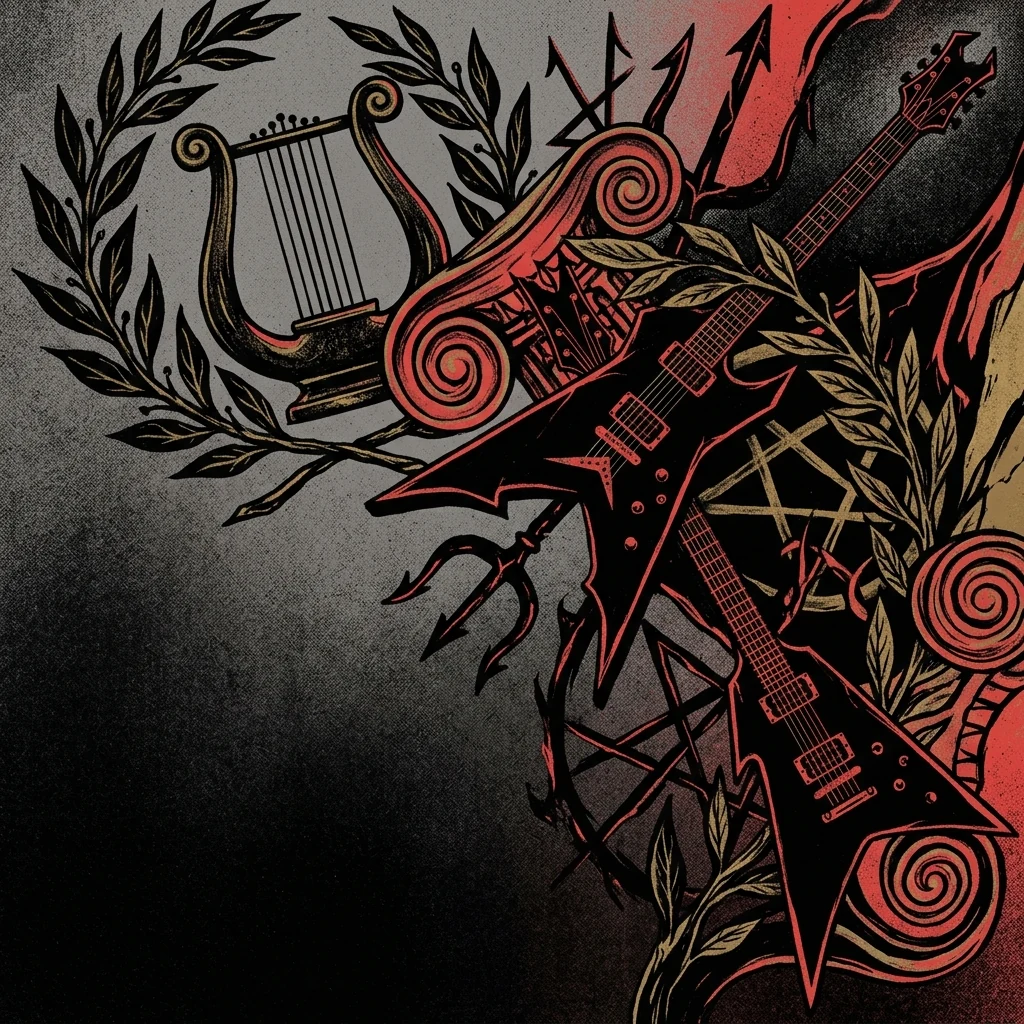 ilustración tributo de un collage de motivos griegos clásicos —laurel, lira, espiral jónica— entrelazados con guitarras eléctricas y símbolos oscuros sobre fondo negro, atmósfera de black metal helénico, sin texto ni logotipos, paleta rojo y negro con detalles dorados