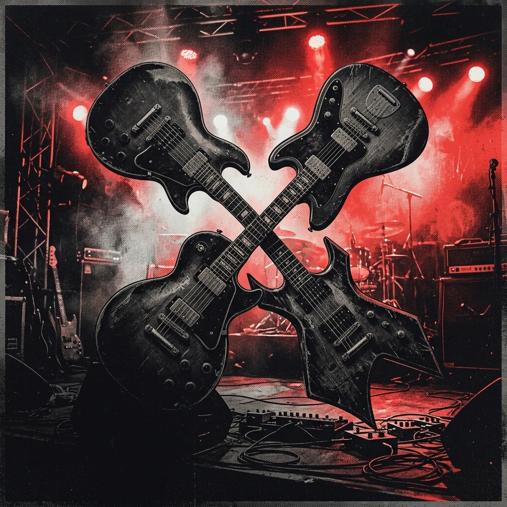 ilustración tributo de cuatro guitarras eléctricas cruzadas sobre un fondo de luces de escenario en rojo y negro, atmósfera de rock energético sueco años 2000, sin rostros reconocibles ni logos