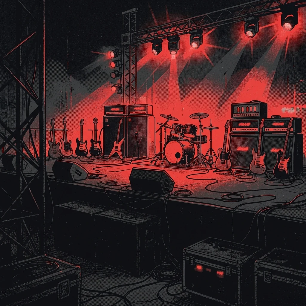 ilustración tributo de un escenario de festival iluminado con destellos rojos y negros, instrumentos eléctricos y amplificadores encendidos al fondo, atmósfera de rock europeo de estadio, sin rostros ni logos