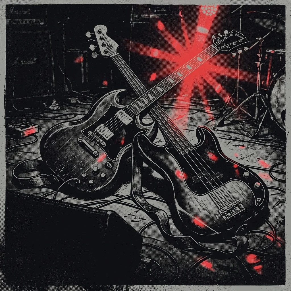 ilustración tributo de una guitarra eléctrica y un bajo entrelazados con destellos de luz de discoteca en rojo y negro, estética glam-garage-rock sueco, sin texto ni logotipos