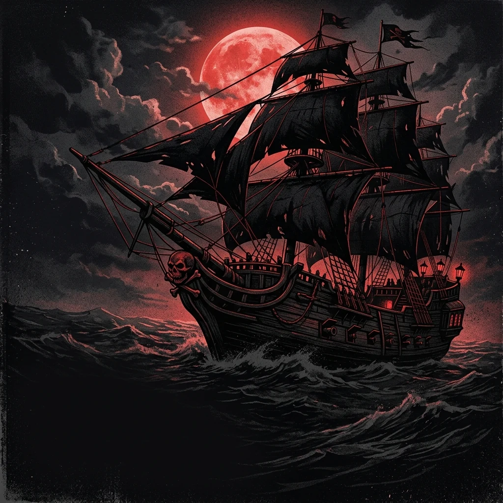 ilustración tributo de un barco pirata con velas negras navegando bajo una luna llena roja, calavera y huesos cruzados en la proa, atmósfera épica y amenazante, paleta rojo y negro, sin rostros reconocibles ni logos