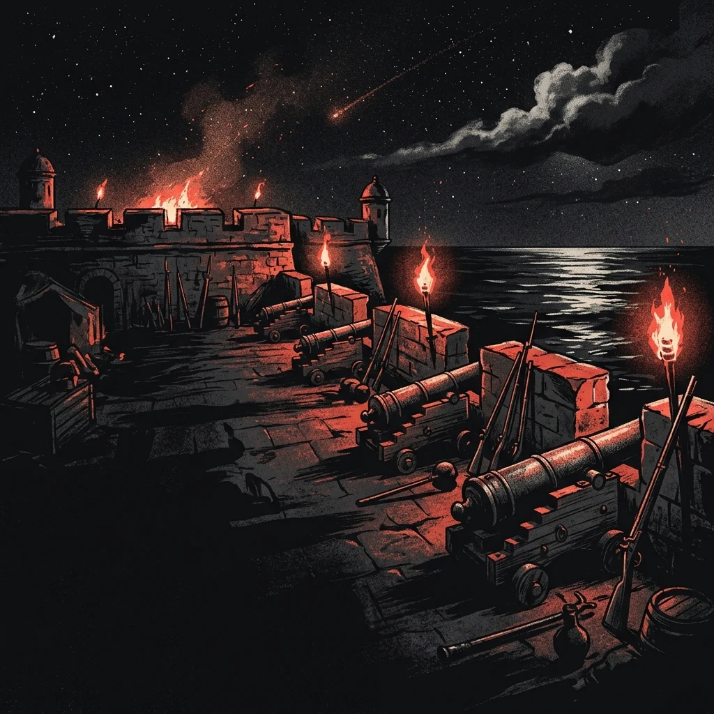ilustración tributo de una fortaleza colonial caribeña bañada en luz de antorchas con cañones apuntando al mar, cielo nocturno estrellado con destellos de metal y pólvora, atmósfera histórica épica, paleta rojo y negro, sin rostros reconocibles ni logos