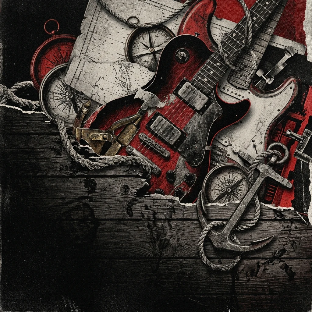 ilustración tributo de un collage de guitarras eléctricas, mapas náuticos y brújulas antiguas sobre fondo de madera de barco, detalles de cuerda marinera y ancla de metal, composición abstracta épica, paleta rojo y negro, sin texto ni logotipos