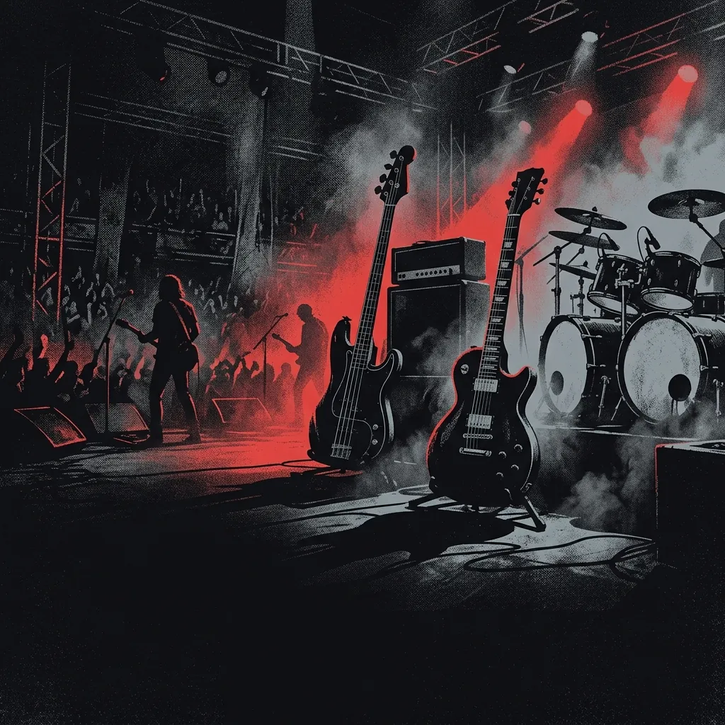 ilustración tributo de un escenario de rock con instrumentos monumentales —bajo de cuatro cuerdas, guitarra eléctrica y batería doble— envueltos en luz roja y sombras negras, sin rostros reconocibles ni logos, atmósfera épica y oscura