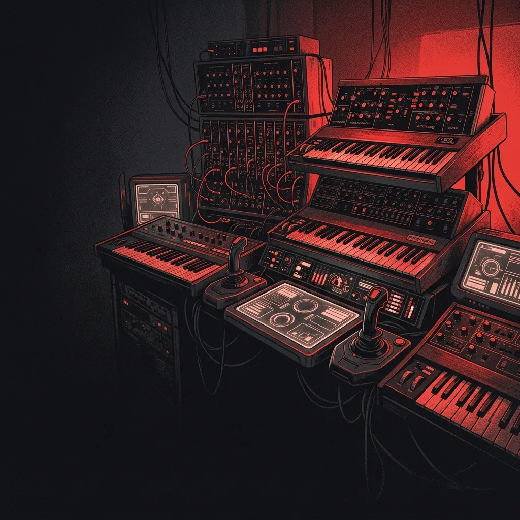 ilustración tributo de un teclado vintage y una consola de control futurista bajo luz roja intensa, sintetizadores apilados en la oscuridad, sin rostros ni logos, estética retrofuturista de los años 80