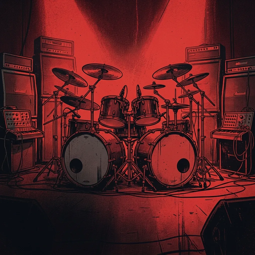 ilustración tributo de una batería doble colosal rodeada de sintetizadores y amplificadores en un escenario bañado en luz roja, estética retrofuturista, paleta rojo y negro, sin texto ni logotipos