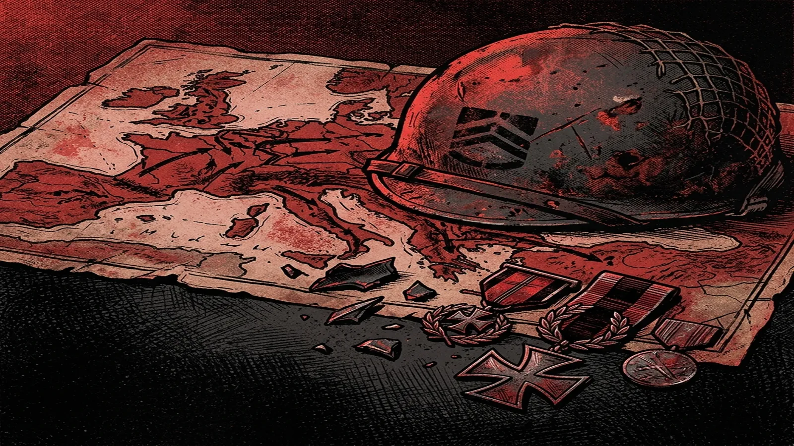 ilustración tributo de un casco de soldado de la Segunda Guerra Mundial sobre un mapa de batalla desgastado, con metralla y medallas en primer plano, atmósfera power metal bélico sueco años 2000, sin rostros reconocibles ni logos, paleta rojo y negro