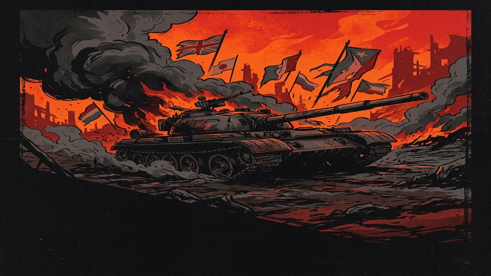 ilustración tributo de un tanque de guerra envuelto en humo de batalla bajo un cielo encendido, con banderas de distintas naciones flotando al fondo en ruinas, atmósfera power metal histórico contemporáneo, sin rostros ni logos, paleta rojo y negro con destellos de naranja