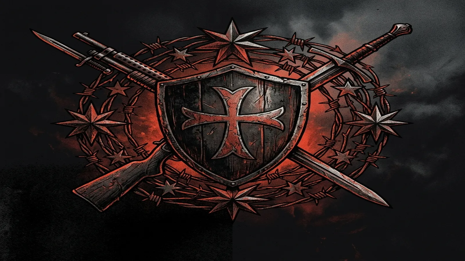 ilustración tributo de un escudo de caballero medieval cruzado con un rifle de trinchera, rodeado de motivos de alambre de púas y estrellas de distintas naciones, atmósfera power metal histórico, sin texto ni logotipos, paleta rojo y negro con destellos de plata