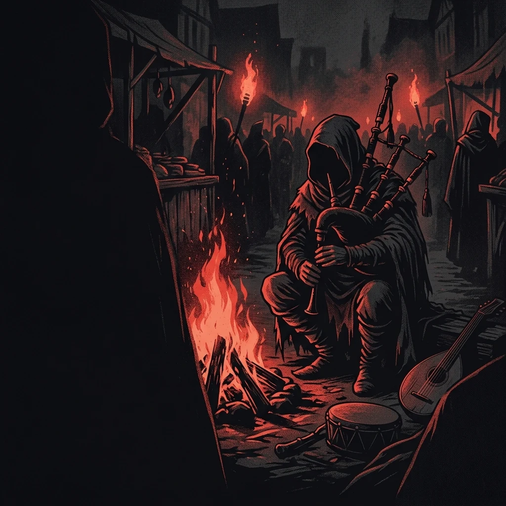 ilustración tributo de un juglar medieval con gaita tocando junto a una hoguera en un mercado nocturno, capas oscuras, antorchas al fondo, atmósfera de Danse Macabre, paleta rojo y negro, sin rostros reconocibles ni logos