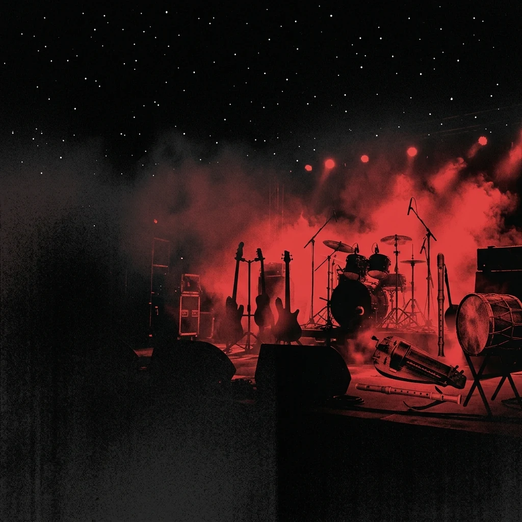 ilustración tributo de un escenario de festival al aire libre con siluetas de músicos y niebla dramática, luz roja sobre instrumentos medievales y eléctricos mezclados, cielo negro estrellado, paleta rojo y negro, sin rostros ni logos