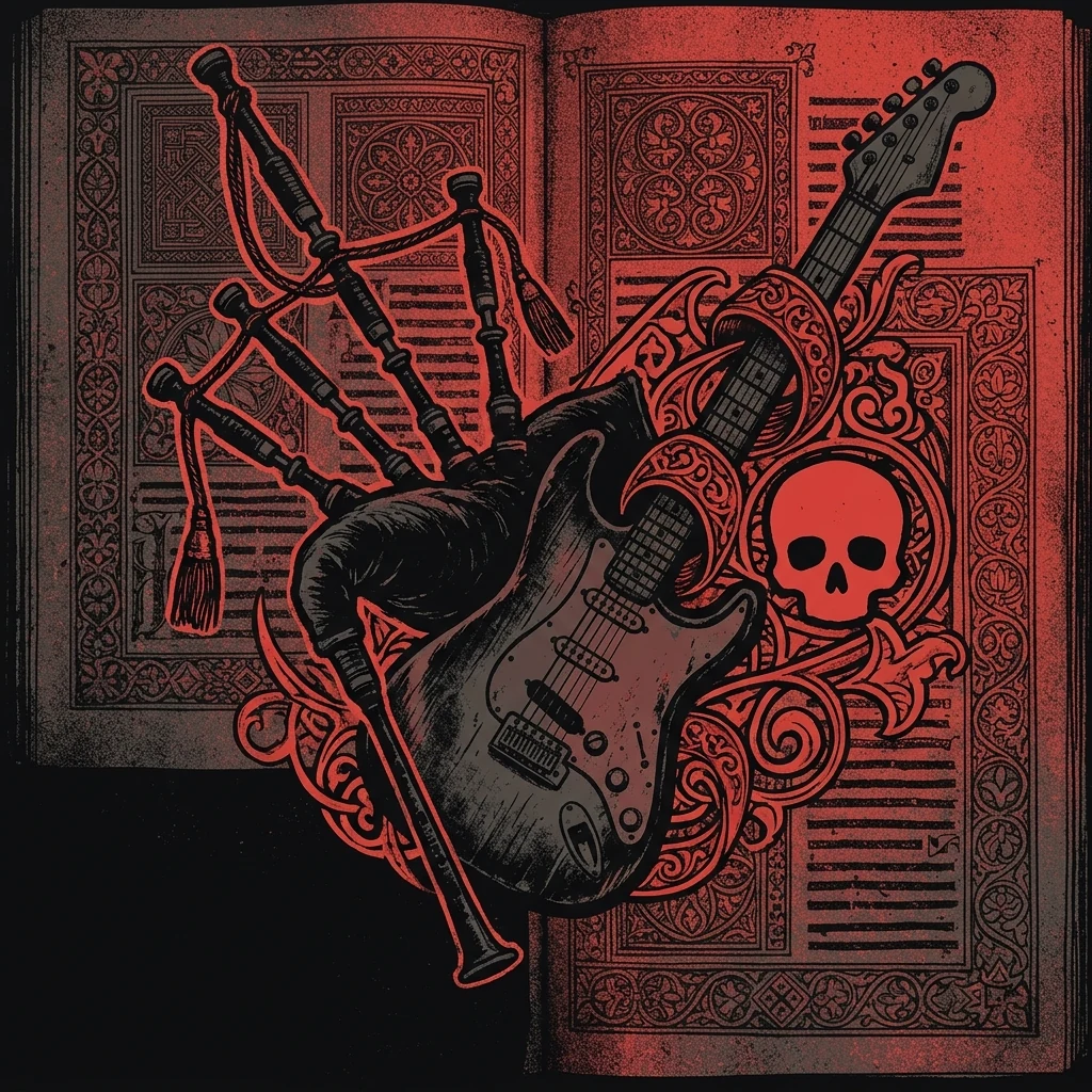 ilustración tributo de una gaita y una guitarra eléctrica entrelazadas sobre un fondo de manuscrito medieval iluminado, cráneo estilizado en rojo como símbolo de la Danse Macabre, paleta rojo y negro, sin texto ni logotipos