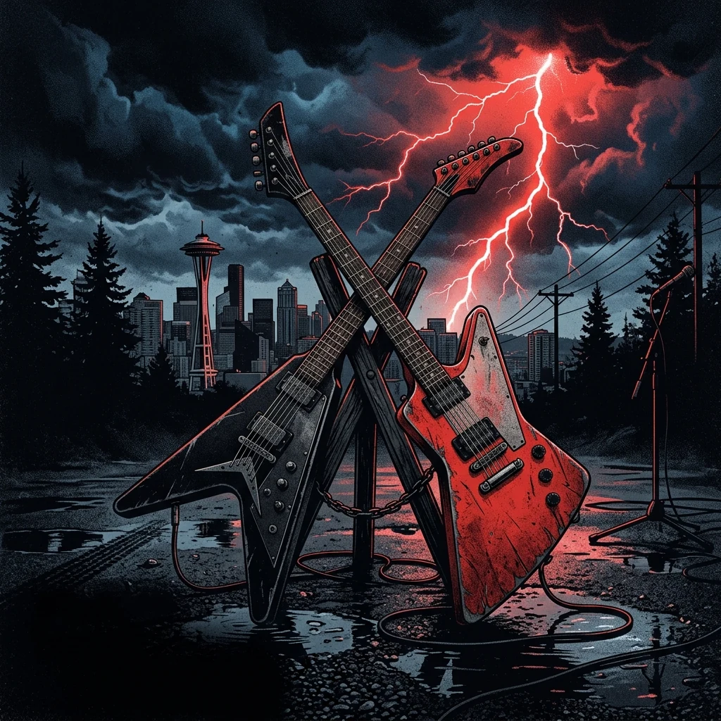 ilustración tributo de dos guitarras eléctricas cruzadas ante un cielo tormentoso de Seattle, iluminadas por un rayo rojo sobre asfalto mojado, atmósfera power-thrash metal años 80, sin rostros reconocibles ni logos, paleta rojo y negro