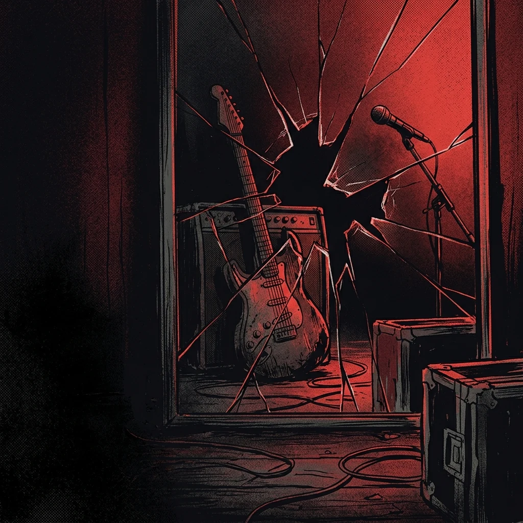 ilustración tributo de un espejo agrietado reflejando una guitarra eléctrica y un micrófono sobre un escenario oscuro, atmósfera metal introspectivo Seattle años 90, luz roja dramática y sombras profundas, sin rostros ni logos, paleta rojo y negro