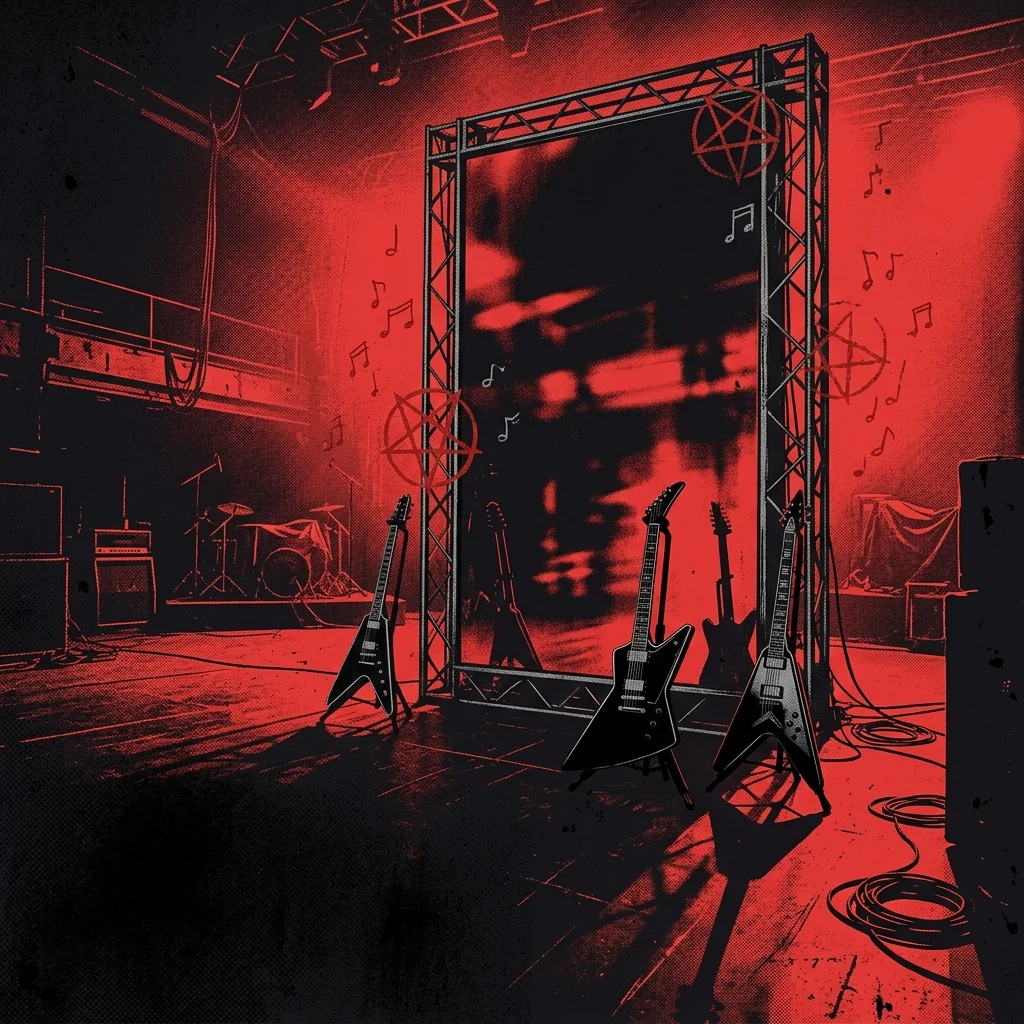 ilustración tributo de un espejo negro gigante frente a un escenario vacío iluminado en rojo intenso, guitarras eléctricas en silueta y pentagramas flotantes, estética power-thrash Seattle años 80-90, sin texto ni logotipos, paleta rojo y negro con destellos plateados