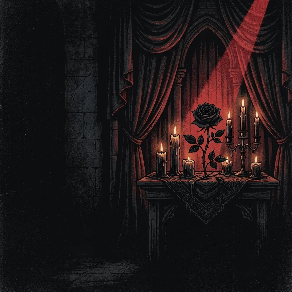 ilustración tributo gótica de velas, cortinas teatrales y una rosa negra sobre fondo oscuro con un fino reflector rojo, atmósfera ritual y poética, sin rostros ni logos