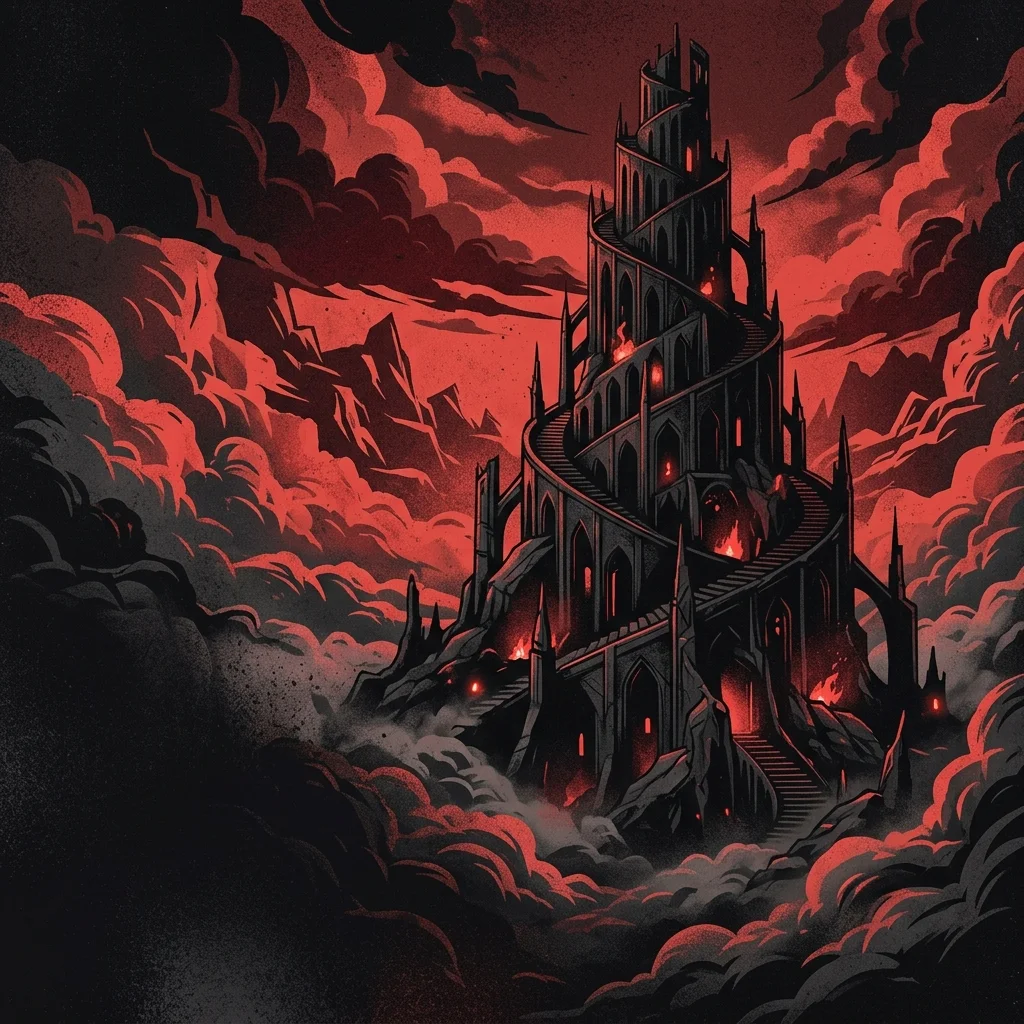 ilustración tributo de una torre de Babel oscura y surrealista entre nubes rojas y negras, estética gótica y onírica, sin rostros ni logos