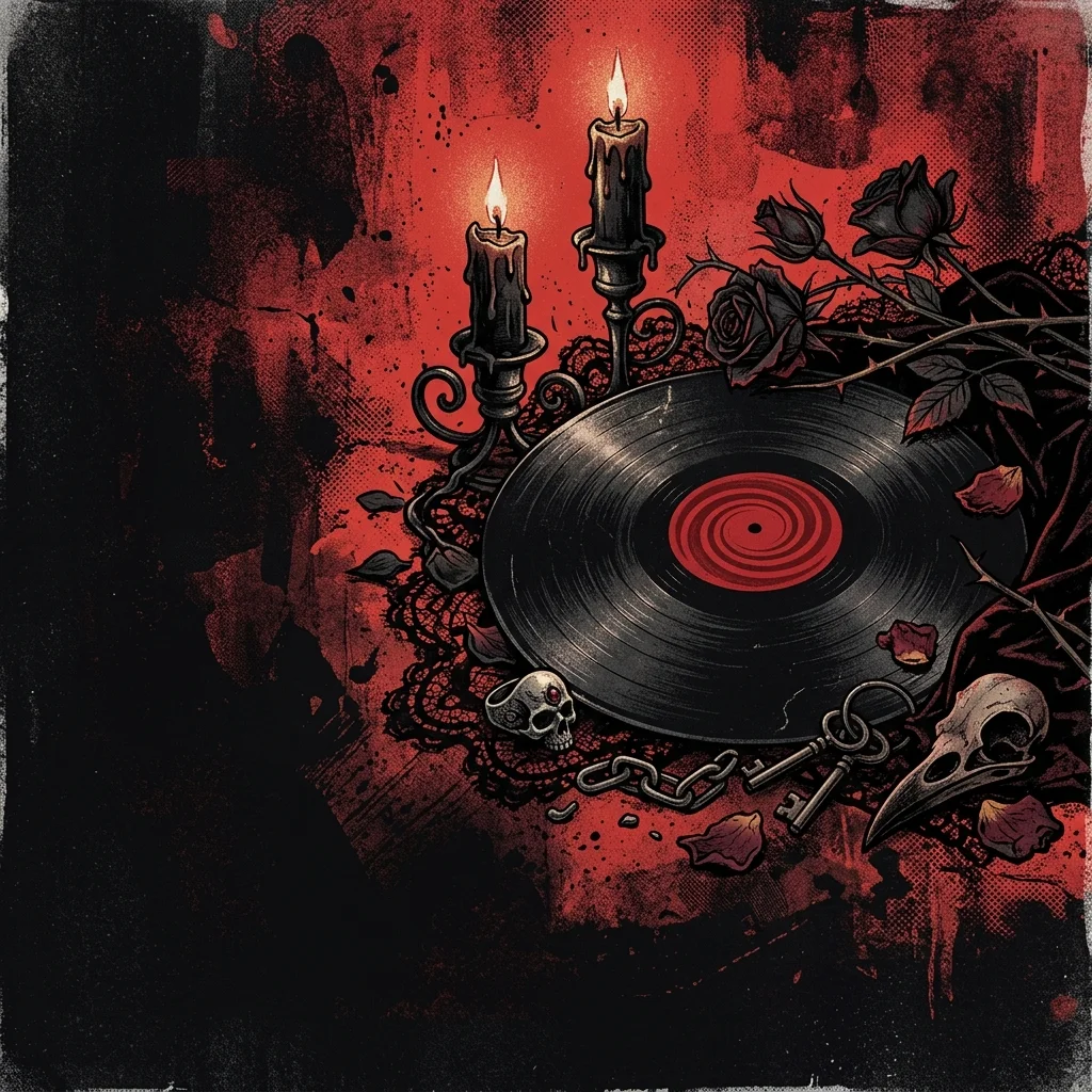 ilustración tributo de un disco de vinil rodeado de elementos góticos —velas, encaje negro, rosas oscuras— sobre fondo rojo y negro, sin texto ni logotipos