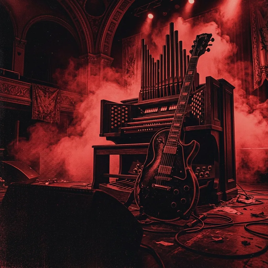 ilustración tributo de una guitarra eléctrica y un órgano de catedral entrelazados sobre un escenario de teatro en penumbra, atmósfera heavy metal sinfónico Florida años 80, humo de escena y luz roja intensa, sin rostros reconocibles ni logos, paleta rojo y negro