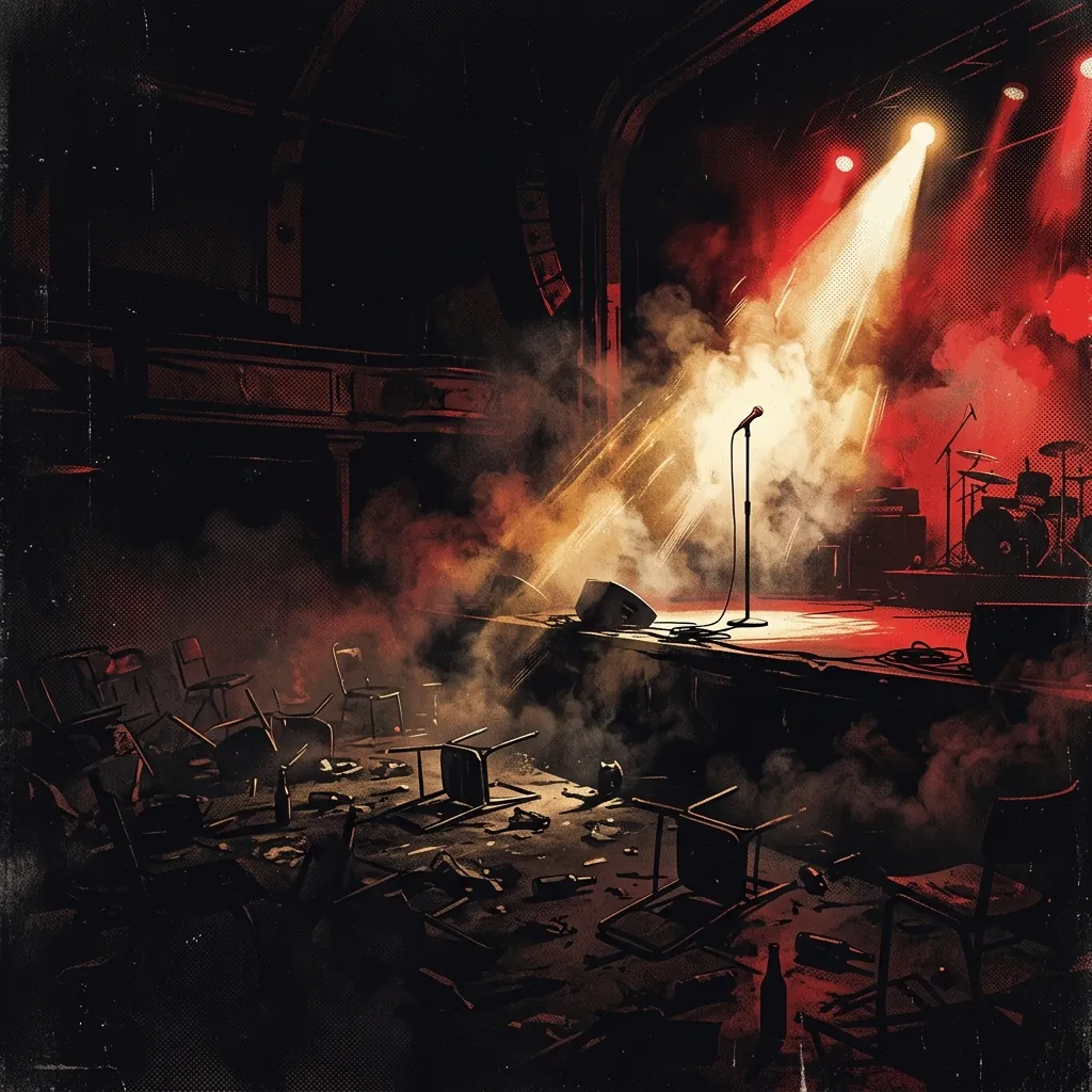 ilustración tributo de una sala de concierto vacía con un foco solitario iluminando un micrófono sobre un escenario oscuro, atmósfera metal sinfónico y teatral años 90, sillas volcadas y humo denso, sin rostros ni logos, paleta rojo y negro con destellos dorados