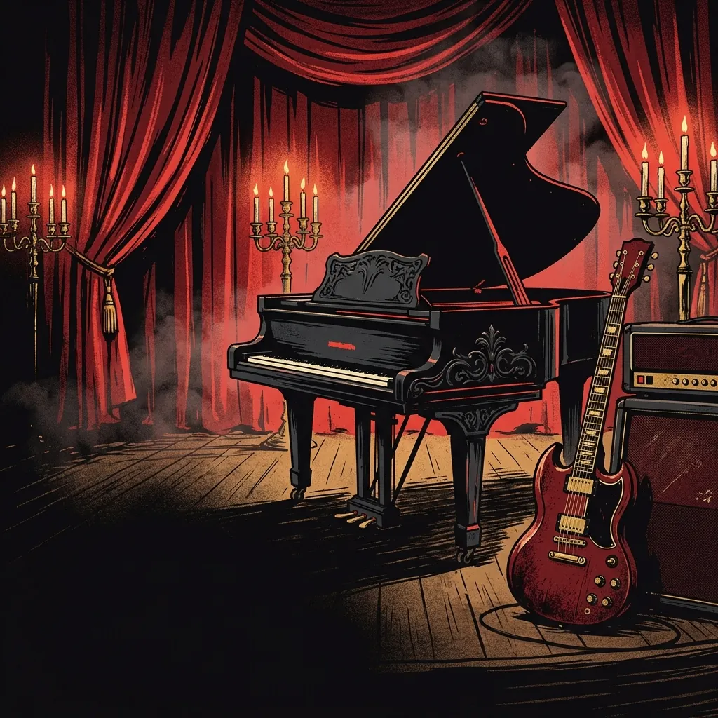 ilustración tributo de un piano de cola y una guitarra eléctrica sobre un escenario teatral barroco, cortinas carmesí al fondo y candelabros encendidos, atmósfera metal sinfónico y ópera de rock años 90, sin texto ni logotipos, paleta rojo y negro con oro