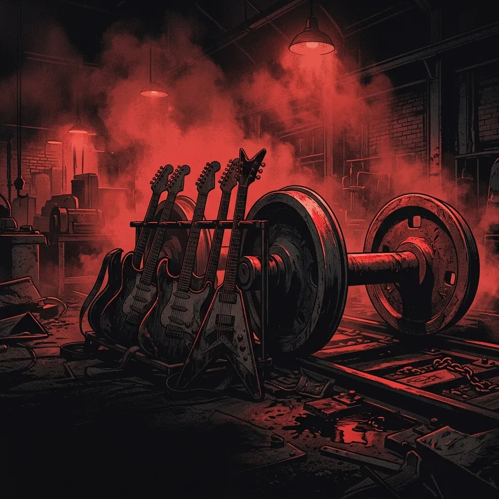 ilustración tributo de guitarras eléctricas y una rueda de tren de acero bajo luz roja de fábrica industrial, atmósfera NWOBHM Yorkshire 1980, niebla densa y riffs de acero, paleta rojo y negro intenso, sin rostros reconocibles ni logos