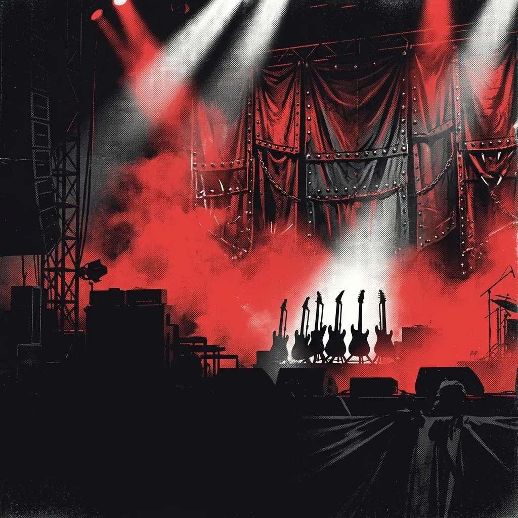 ilustración tributo de un escenario de estadio inundado de humo rojo con estandartes de cuero y remaches metálicos al fondo, estética heavy metal clásico años 80, guitarras en silueta bajo haz de luz blanca, paleta rojo y negro, sin rostros ni logos