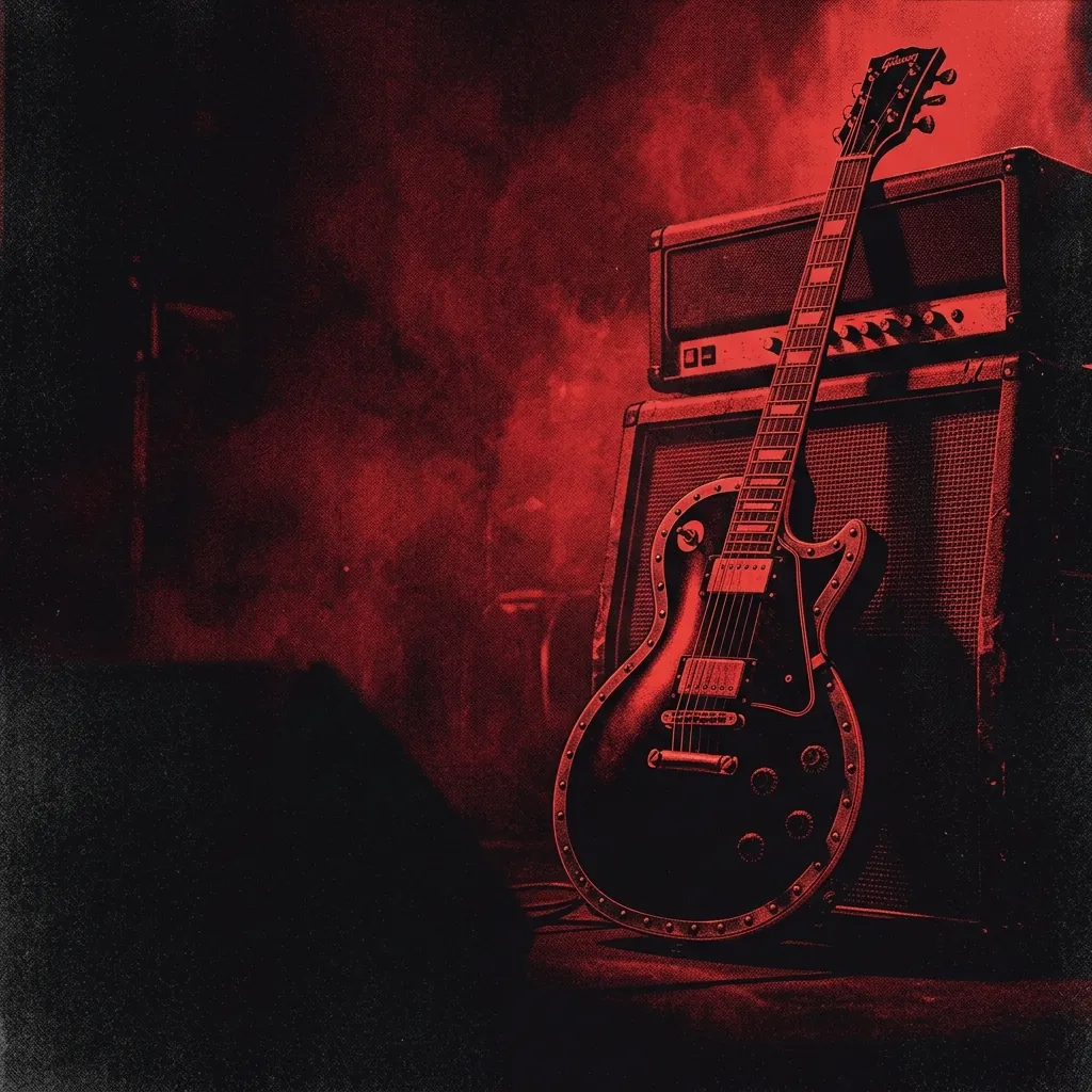 ilustración tributo de una guitarra Les Paul de color negro apoyada sobre un amplificador vintage bajo luz roja de escenario, remaches metálicos en el contorno del instrumento, niebla de club de rock, estética NWOBHM años 80, paleta rojo y negro, sin texto ni logotipos