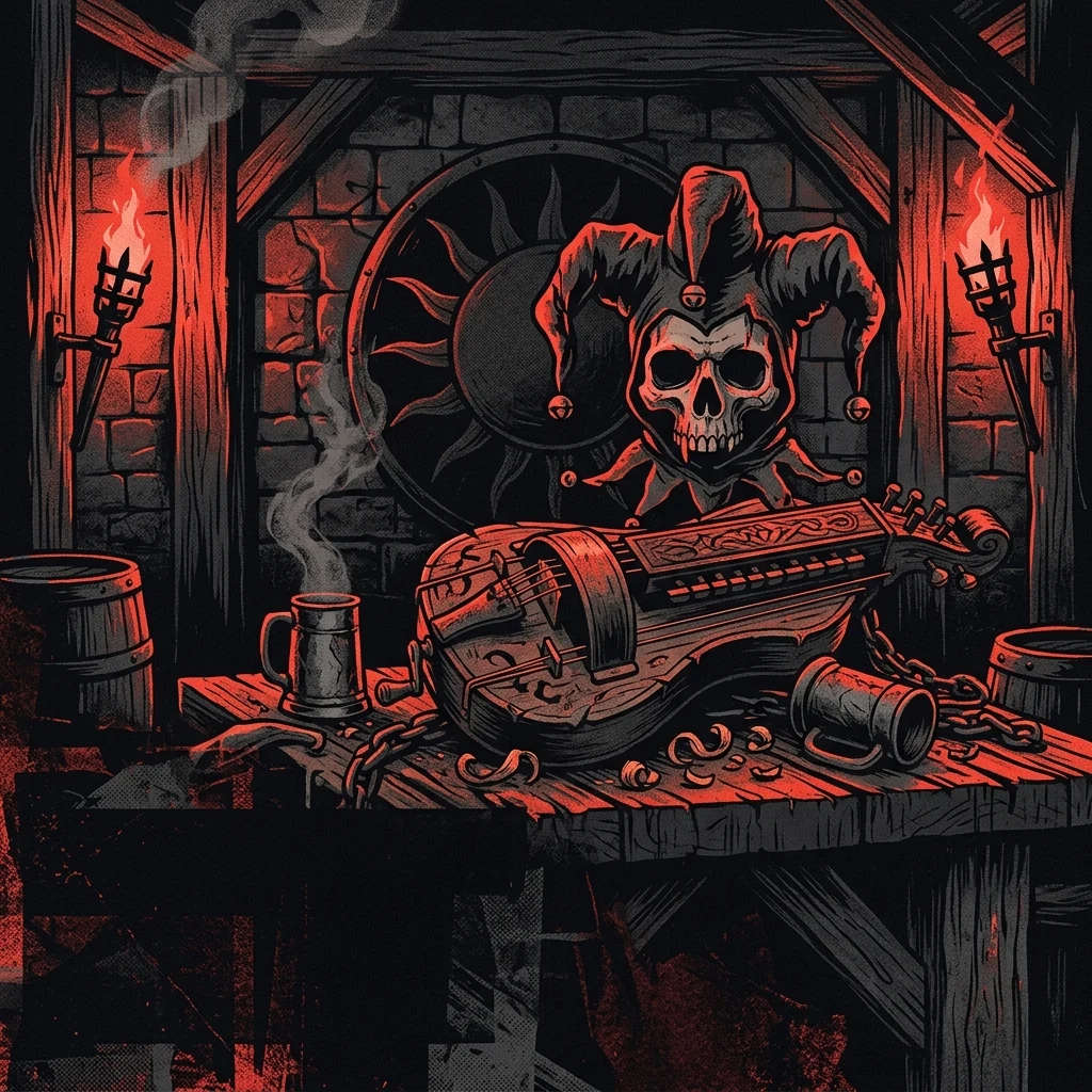 ilustración tributo de un bufón medieval de calavera sonriente tocando una zanfona en una taberna bávara iluminada por antorchas, atmósfera folk metal alemán años 1990, sin rostros reconocibles ni logos, paleta rojo y negro