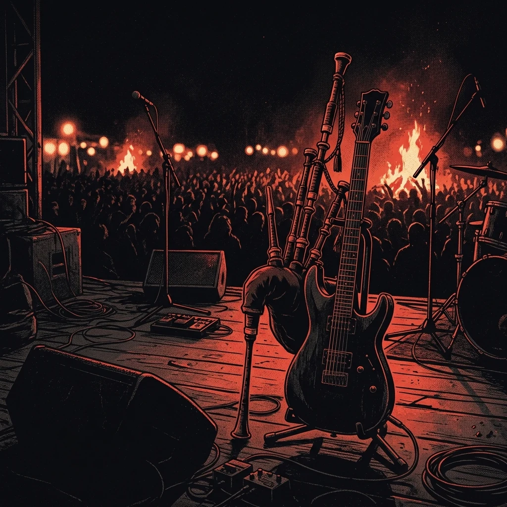 ilustración tributo de una gaita medieval apoyada en una guitarra eléctrica sobre el escenario de un festival nocturno, fogatas al fondo, multitud de fans en la oscuridad, atmósfera folk rock medieval alemán contemporáneo, sin rostros ni logos, paleta rojo y negro