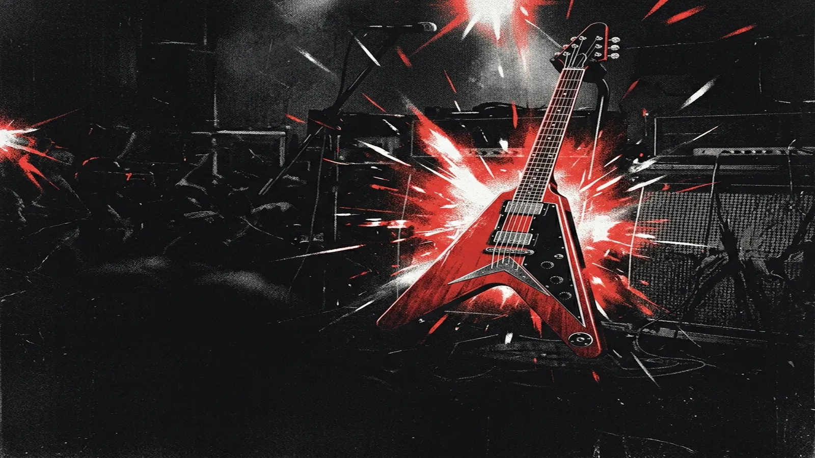 ilustración tributo de una guitarra eléctrica Gibson Flying V sobre fondo oscuro con destellos de luz estroboscópica, atmósfera de hard rock alemán de los años 70, sin rostros reconocibles ni logos, paleta rojo y negro con destellos plateados